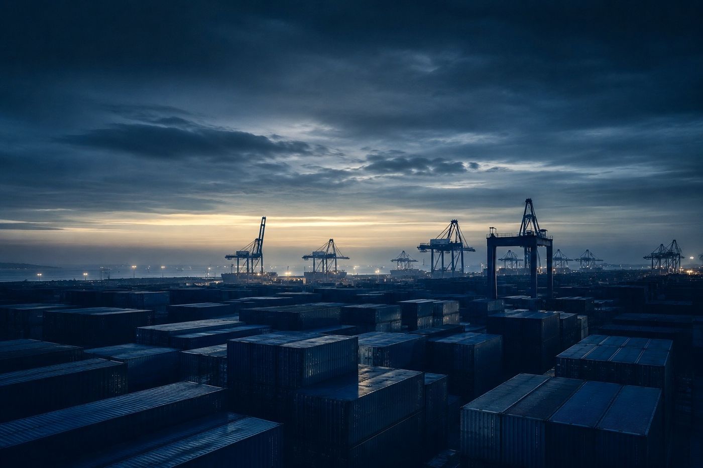 Containerterminal in der Daemmerung - Importe im CBAM-Anwendungsbereich
